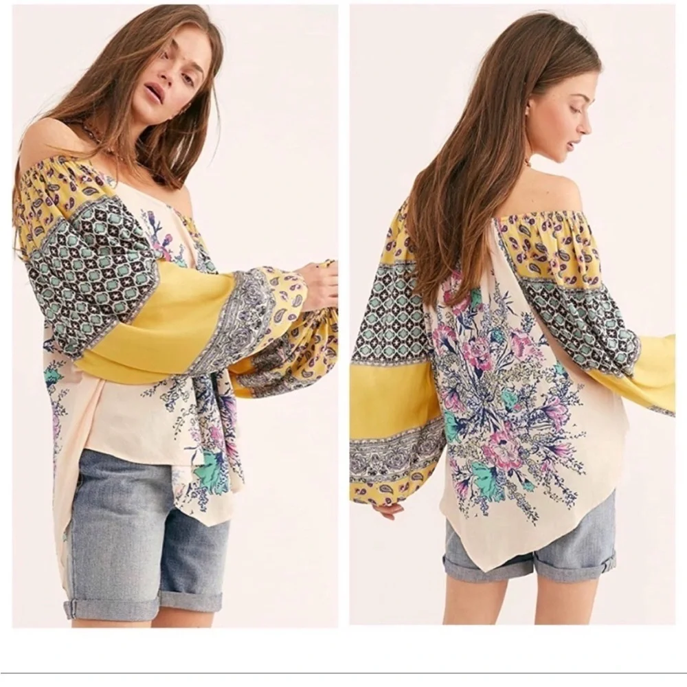 Free People Positano Printed Off Shoulder Paisley Blouse